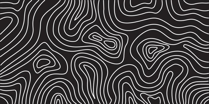 Abstract contour lines creating a dynamic topographic map pattern on a black background, representing elevation and natural landscapes vector