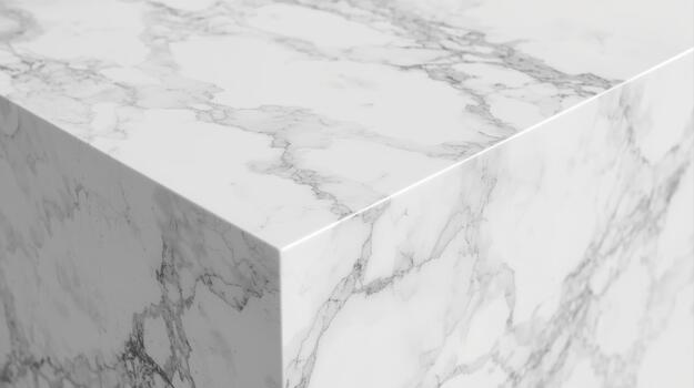 A white marble cube corner is shown with a gray veined pattern creating an abstract background for design and architectural applications. photo
