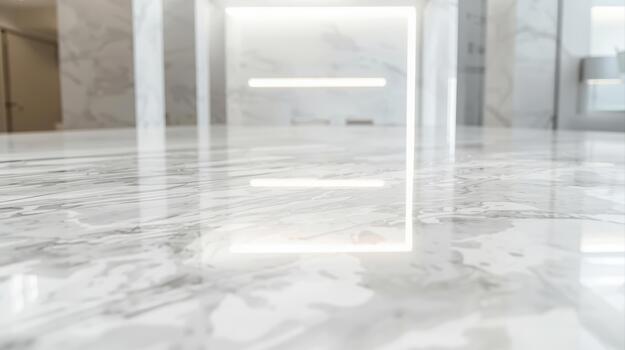 The shiny marble floor reflects the bright modern minimalist interior design with smooth sleek lines and geometric shapes seamlessly. photo