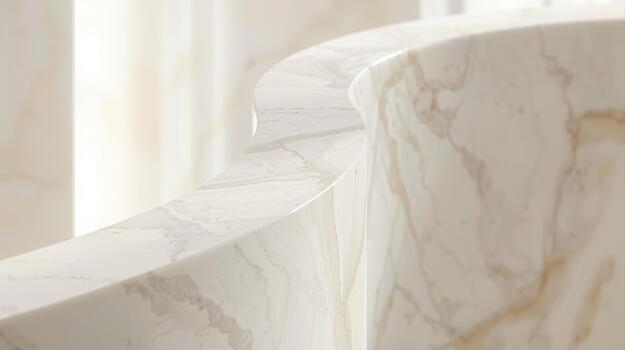 Close up on a modern bathroom counter with a soft smooth white marble finish showing a beautiful swirling natural pattern on its surface. photo