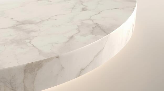 un cerca arriba ver de un redondo mármol mesa superficie demostración el elegante blanco Roca material y sus hermosa textura en un estudio ajuste. foto