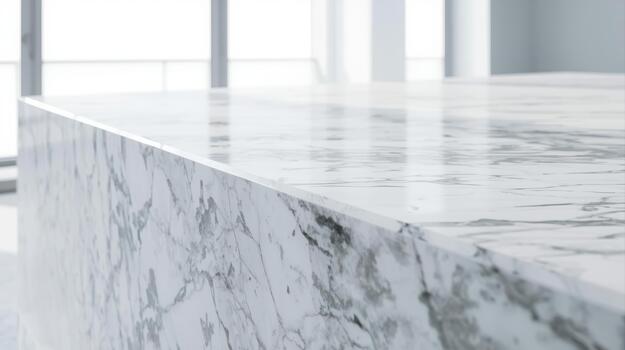 Close up of a white marble countertop showing natural textures and patterns with bright sunlight streaming in from a large window behind it. photo