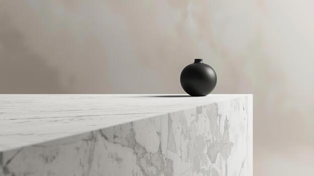 A small black ceramic vase rests on a textured marble surface against a soft neutral backdrop creating a minimalistic elegant scene. photo