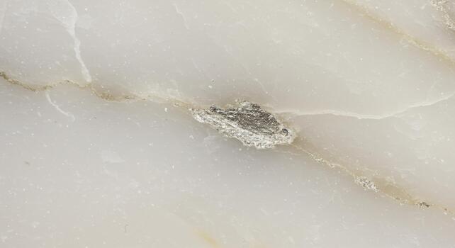 de cerca de un blanco mármol losa característica un pequeño parche de un oscuro metálico inclusión y sutil veteado textura corriendo a través de sus superficie. foto