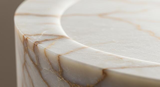 Close up detail reveals subtle textures and veining patterns of elegant round onyx table surface in a bright and minimalist interior setting. photo