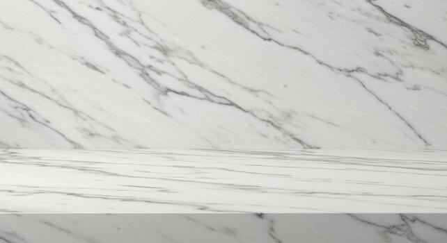 An elegant display space showcases a pristine white marble surface for presenting products in a naturally illuminated and luxurious setting. photo