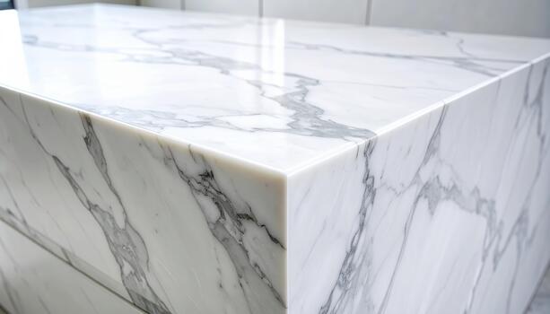 An elegant close up captures the beautiful swirling grey veining pattern of a pristine white marble countertop in a modern kitchen space. photo