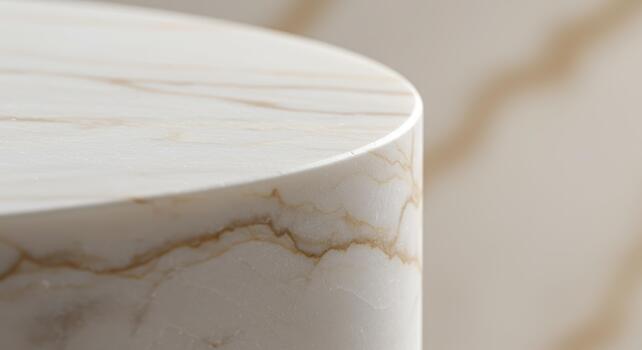 Close-up shows smooth rounded edge of a white and brown marble pedestal, highlighting the luxurious texture and simple contemporary design. photo