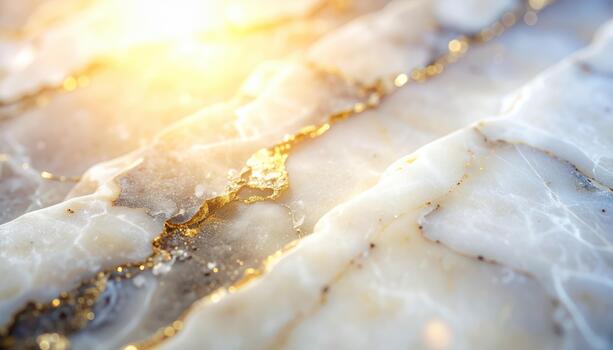 Abstract close up of elegant white marble with golden veins glistening in bright sunlight creating a luxurious and sophisticated background. photo