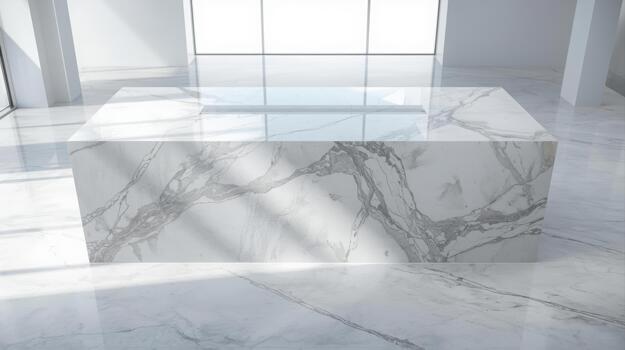 A marble countertop with gray veins sits in a bright, modern room with large , creating a clean and luxurious interior design element. photo