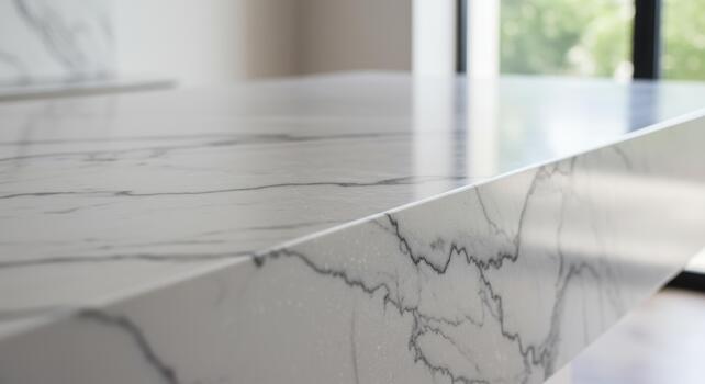 A close-up shot showcases the sleek edge of a white marble countertop with gray veining under natural light from a nearby window inside. photo