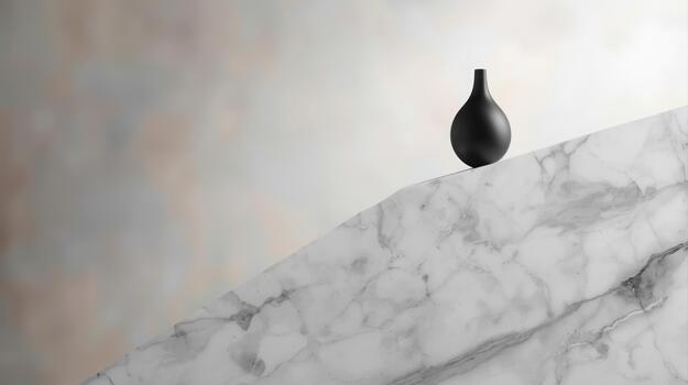 A simple black vase rests elegantly on a pristine marble surface against a softly blurred textured background in a minimalist composition. photo