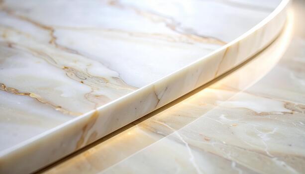 Close up of a curved edge of a white marble countertop with gold veining showcasing its elegant design and smooth polished surface quality. photo