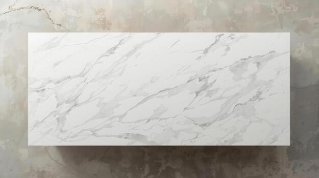 Overhead shot showing a pristine white marble countertop with subtle gray veining against a neutral background with soft color variations. photo