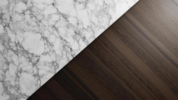 A contrasting background of white marble texture meets dark wood grain pattern diagonally creating a visually interesting and modern surface design. photo