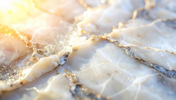 An abstract macro shot of a polished white onyx stone with golden seams and bright highlights creating a luxurious natural texture backdrop. photo