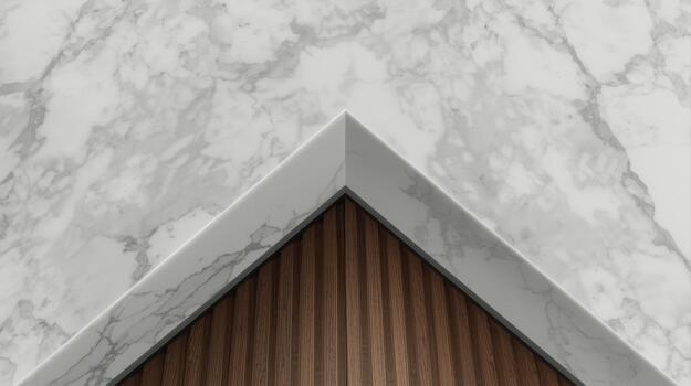 An elegant countertop of white marble elegantly meets vertical wood slats creating a sophisticated design element in interior architecture. photo