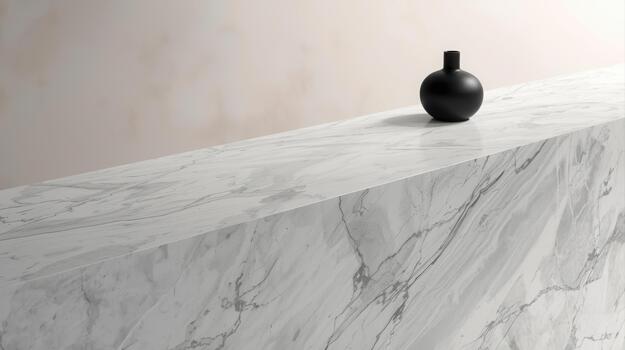 Elegant black vase sits on a pristine white marble countertop highlighting the subtle veining in a minimalist interior design setting indeed. photo