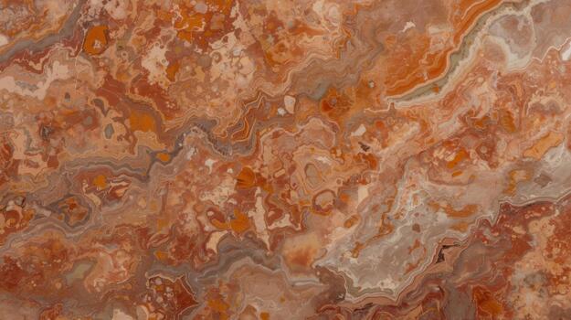 A detailed close up shows a captivating abstract pattern within polished red onyx stone with natural swirls and mineral deposits apparent. photo