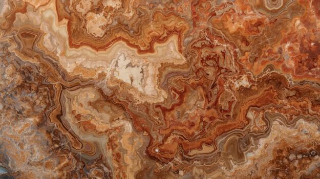 Close up shot showing swirling patterns and rich brown color variations in the beautiful abstract design of a polished agate stone surface. photo