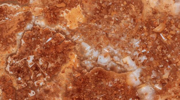 Close up view of a richly textured surface with earthy orange and white mineral deposits creating an abstract and organic pattern detail. photo