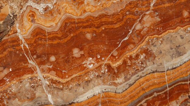 A captivating close up of a vibrant red agate stone displaying intricate banding patterns with a mix of white and earth tones throughout it. photo