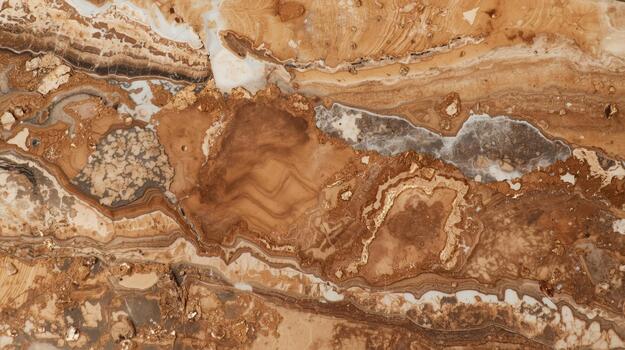 Natural brown onyx stone slab displays intricate banded patterns and unique mineral deposits creating an elegant earth tone background detail. photo