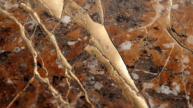 Elegant closeup of red brown marble stone with contrasting gold veins creating an attractive textured surface and luxurious background design. photo