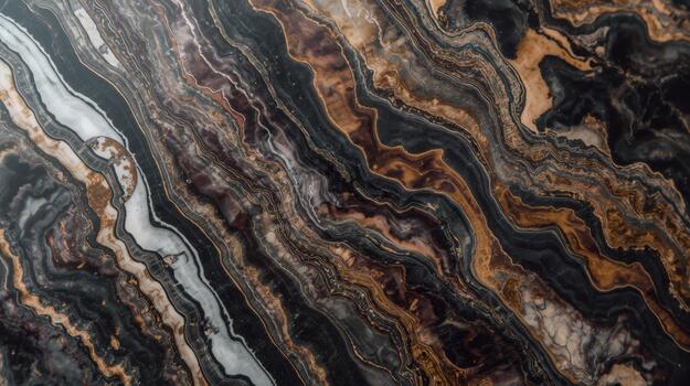 Abstract swirls of black, brown, and white marble create a unique and mesmerizing natural pattern perfect for backgrounds or textures. photo