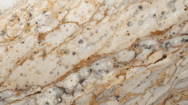 A detailed close up of a light beige granite slab features dynamic brown veining and speckled texture creating a beautiful surface pattern. photo