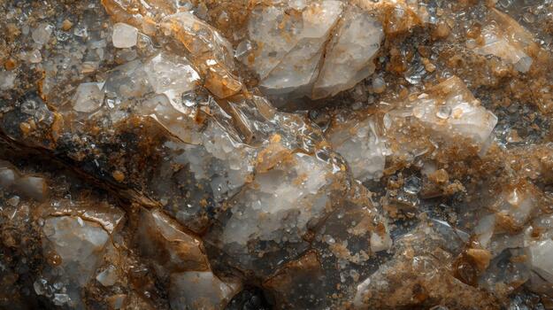Close up shows crystalline quartz embedded within a matrix of rock with rough texture and natural earth tone colors in its granular composition. photo