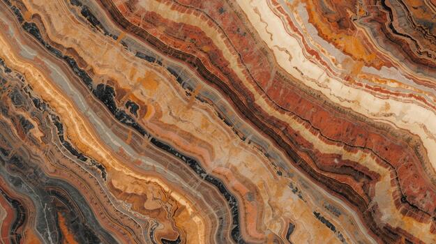 Detailed close up of an earthy brown and reddish banded agate stone texture creates an organic abstract pattern resembling layers of earth. photo