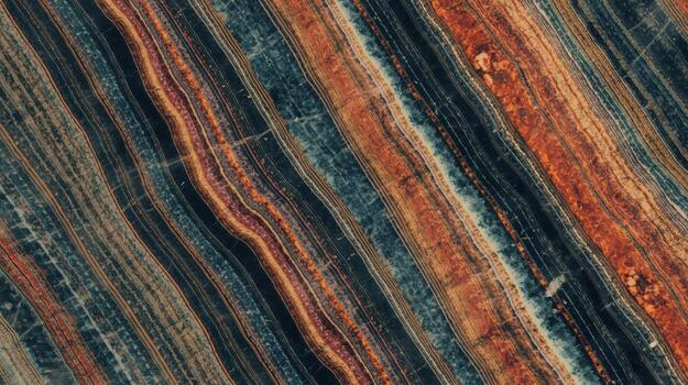 Close-up of colorful striped pattern in natural stone with blue, orange, and beige layers creating an interesting geological formation. photo