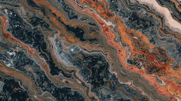 The intricately patterned marble texture showcases a mesmerizing blend of dark blues and earthy oranges in an abstract design creating a bold photo