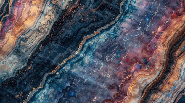 Dark blue and purple agate gemstone surface with golden veins shows intricate layers of texture in an abstract natural stone pattern look. photo