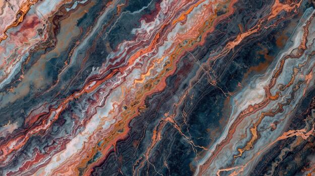 Abstract marble texture with swirling patterns of dark blue gray and copper red creating a luxurious and natural stone background surface. photo