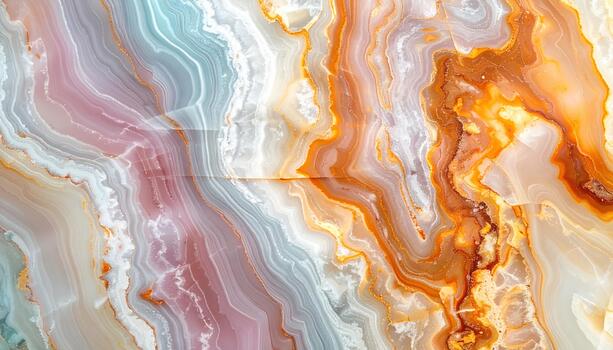 Beautiful banded agate texture with swirling patterns of orange, brown, pink, blue, and white creating an abstract natural background. photo
