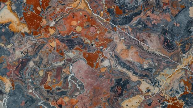 Detailed close up of a polished breccia marble stone surface exhibiting a complex pattern of colors and textures for unique backgrounds. photo