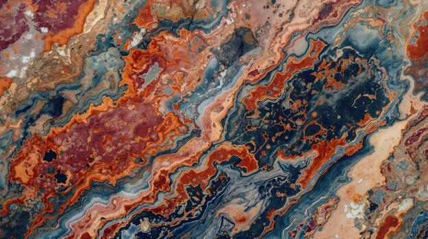 An abstract image showcasing vibrant swirls and organic patterns of blues, oranges, and maroons, creating a mesmerizing natural stone texture. photo