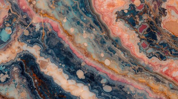 Detailed abstract texture of colorful agate stone featu intricate swirls in blues, pinks, golds, and cream creates a beautiful surface. photo