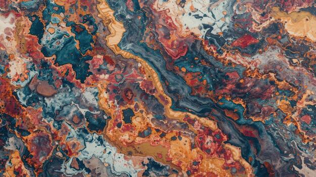 An abstract close up of a colorful geode rock formation revealing layers of brown, gold, blue, and rust creating a beautiful texture artwork. photo