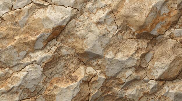 A close up view of a textured rock surface reveals intricate cracks and patterns in earth tones creating a natural stone background texture. photo