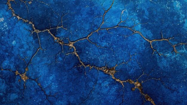 An abstract background showcases a textured surface of mottled blue with delicate gold cracks running across it, creating a beautiful pattern. photo