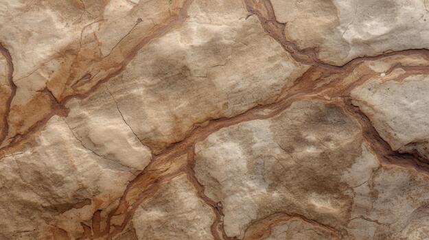 Light brown cracked rock surface shows intricate patterns with dark veins running through the detailed natural stone formation of geological origin. photo