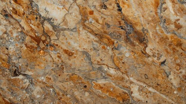 Detailed close up of a golden brown marble stone slab showcasing its intricate veining and natural textured surface pattern across its entirety. photo