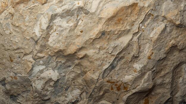 The textured surface of a stone cliff face reveals intricate patterns and natural variations in color and rugged geological formations close up. photo