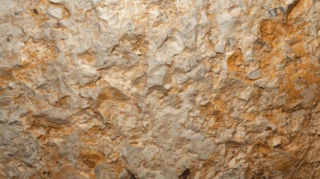 Natural light illuminates a rugged, cracked stone surface with beige and brown tones, creating a textured and weathered abstract background. photo