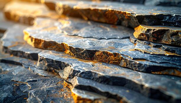 Close up shows layers of stacked flat stones with rough textured edges in natural light creating a rugged and earthy background image. photo