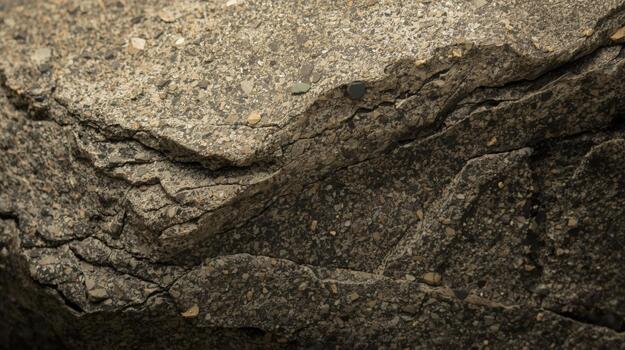 Close up detailed view showcasing the rough texture of a weathered rock surface with cracks and crevices, showing natural patterns and details. photo