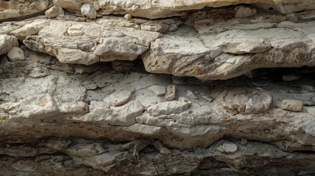 Close up showing layered sedimentary rock formations reveal geological textures and patterns in natural light on an ancient cliffside location. photo